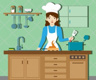 Kochen Vorbereitung Zeichnung Hausfrau Geschirr Symbole Dekor
