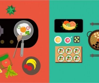 Kochen Bereitet Essen Kitchenwares Symbole Bunt Hintergrunddesign