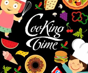 Cooking Time Banner Kids Various Food Icons Decor