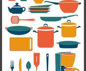 Cooking Utensils Icons Colorful Classical Sketch