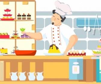 Personaje De Dibujos Animados De Un Iconos De Cocina De Chef De Fondo De Cocción De Trabajo