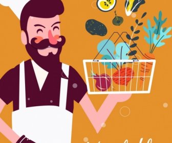 Contexte De Travail De Cuisine Chef Panier De Légumes Icônes