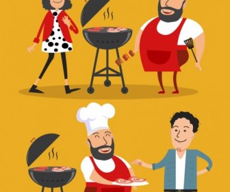 Cooking Work Background Cook Barbecue Icons Colored Cartoon