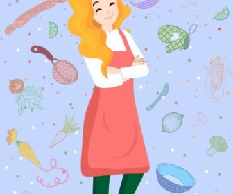Kochen Arbeit Hintergrund Weibliche KochUtensilien Symbole Dekor