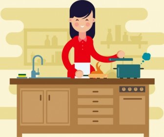 Cooking Work Background Housewife Icon Cartoon Design