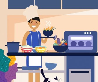 Cooking Work Background Housewife Kitchenware Icons Cartoon Design