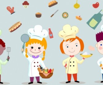 Cuisine Travail Fond Enfants Aliments Icônes Personnages De Dessin Animé