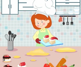 Cooking Work Background Woman Food Kitchen Icons Decor