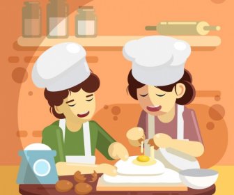 Cooking Work Background Women Pastry Icons Colored Cartoon