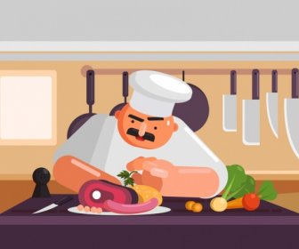 Cooking Work Painting Cook Food Icons Cartoon Design