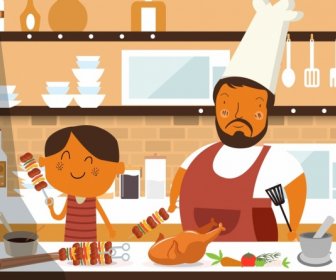 Cooking Work Painting Father Son Kitchenware Food Icons
