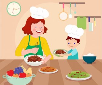 Cooking Work Painting Mother Son Food Kitchen Icons