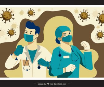 Corona Virus Banner Fighting Doctors Bacteria Sketch
