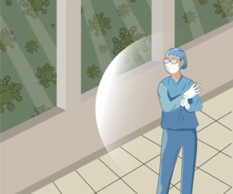 L’affiche De Virus Corona A Protégé La Conception De Dessin Animé De Virus D’infirmière