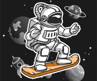 Kosmos Latar Belakang Skateboarding Astronot Sketsa Desain Handdrawn