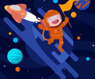 Cosmos Background Spaceship Planets Astronaut Icons Cartoon Design