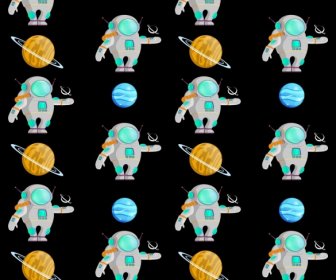 Cosmos Pattern Spaceman Planet Icons Repeating Design