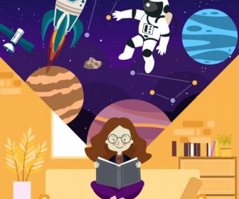 Cosmos Science Background Reading Girl Astrology Design Elements
