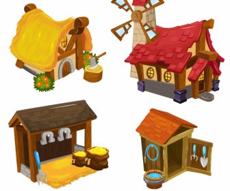 Country Houses Icons Colorful 3d Sketch Retro Design