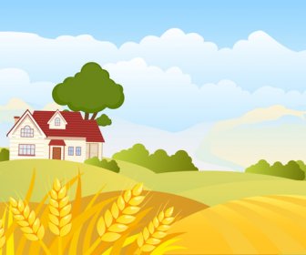 Country Landscape Vector Illustration With Cartoon Style