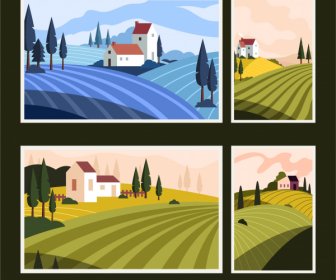 Countryside Background Templates Colorful Classic Field Houses Sketch