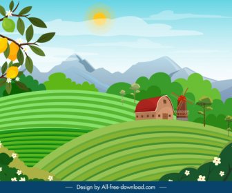 Countryside Landscape Background Colorful Cartoon Sketch