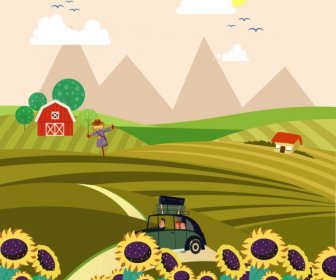 Countryside Landscape Drawing Field Sunflowers Car Icons