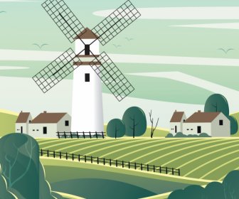 風車農場のスケッチを描く田舎の風景
