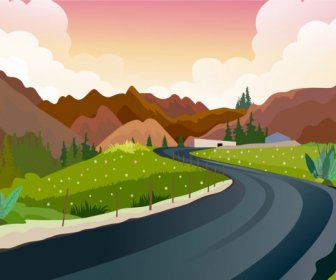 Countryside Scenery Painting Mountain Road Field Icons Decor