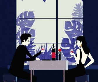 Couple Dating Drawing Restaurant Interior Colored Cartoon Design