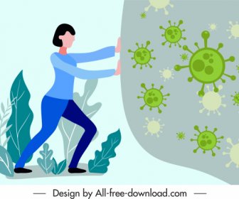 Covid 19 Bandera Mujer Empujando El Diseño De Dibujos Animados De Virus