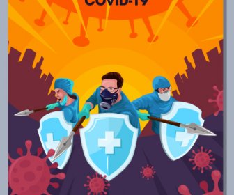 Covid Epidemic Poster Fighting Doctors Virus Icons Sketch