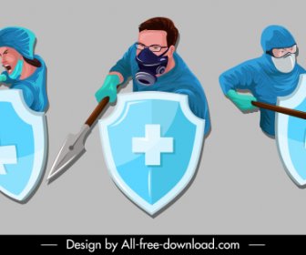 Covid 19 Icons Fighting Doctors Sketch Cartoon Design