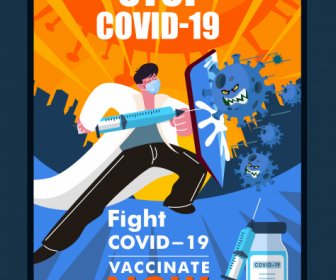 แบนเนอร์การฉีดวัคซีน Covid19 ต่อสู้กับไวรัสแพทย์การ์ตูนแบบไดนามิก