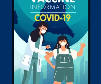 Cartel De Vacunación Contra El COVID19 Inyectando Personajes De Dibujos Animados De Sketches Médicos
