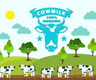 Cow Milk Advertising Banner Colorful Farmland Scene Ornament