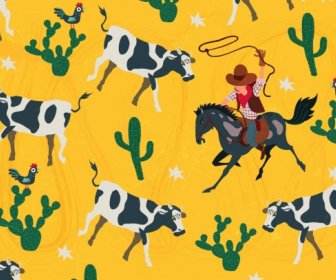 Cowboy-Hintergrund Kühe Kaktus Symbole Wiederholen Design