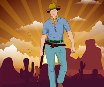Cowboy-Hintergrund-Mann-Symbol Farbig Cartoon Strahlen Hintergrund