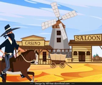 Koboi Latar Belakang Perampok Wild West Scene Desain Kartun