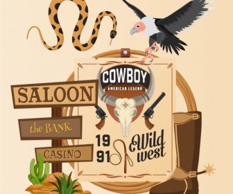 Cowboy Background Template Classic Wild West Symbols Sketch