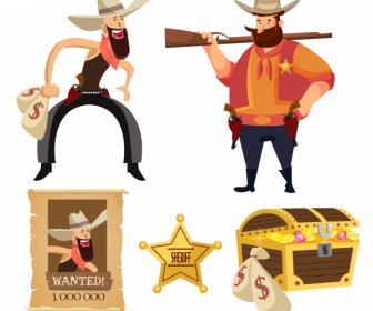 Cowboy-Design-Elemente Cartoon-Figuren Vintage-Objekte-Skizze