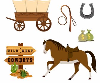 Cowboy Design Elements Colored Classic Symbols Sketch