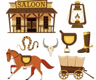 Cowboy Design Elements Flat Classical Symbols Sketch
