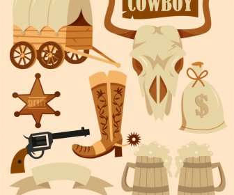 Cowboy Design Elements Retro Symbols Sketch