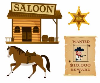 Elemen desain koboi saloon horse medal ingin sketsa