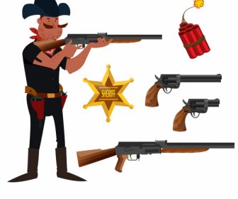 Cowboy Design Elemente Sheriff Waffen Skizze Cartoon-Design