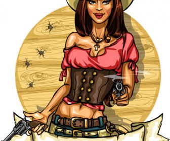 Cowboy Mädchen Mit Jahrgang Etiketten Vektor