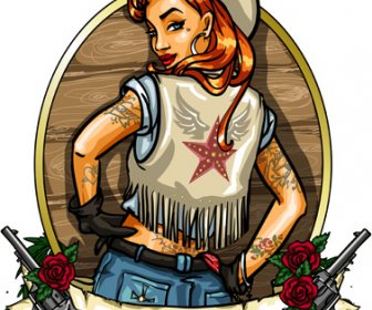 Cowboy Girl With Vintage Labels Vector