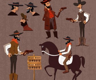 Cowboy Icons Collection Various Gestures Colored Cartoon