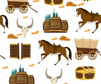 Cowboy-Muster-Vorlage Retro Wiederholende Symbole Skizze